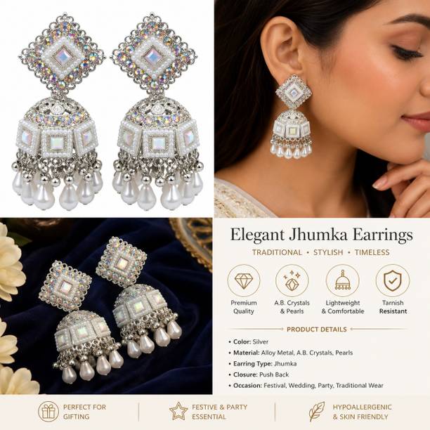 Silver-Plated White Pearl & AB Crystal Jhumka Earrings for Women Alloy, Brass Jhumki Earring, Drops & Danglers