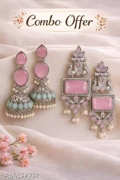 Silver Plated Pearl Drop Chandbali Earrings Combo Pearl Brass Ear Thread