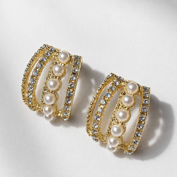 Elegant Crystal and pearl Half hoop studs | Perfect for formal wear , parties Brass Huggie Earring, Rhinestone Studs, Stud Earring