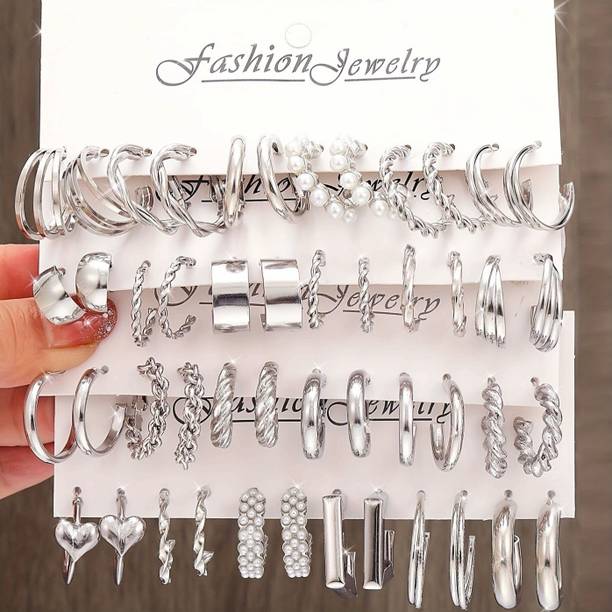 Combo Of 24 Pairs Silver Plated Hoop And Pearl Earrings For Women And Girls Pearl Alloy Hoop Earring