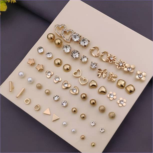30 Pairs Trendy Gold Stud Earrings Combo Set for Women Cubic Zirconia Alloy Stud Earring