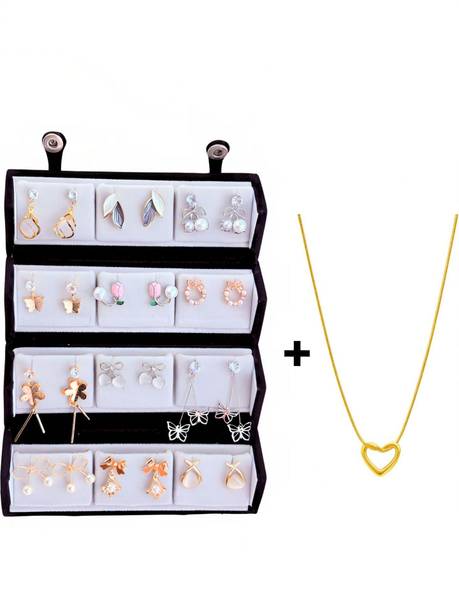 Korean Earrings Set of 12 with Jewelry Box + Free Anti Tarnish Heart Necklace Alloy Stud Earring, Earring Set