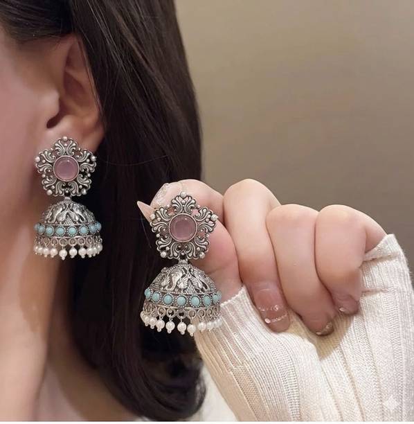 Traditional oxidised pink and turquoise stone jhumki earrings Pearl Alloy Jhumki Earring