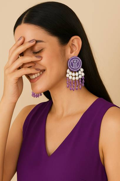 hautehandles Handmade Beaded Pearl & Crystal Dangler Earrings for Women Beads Fabric Drops & Danglers