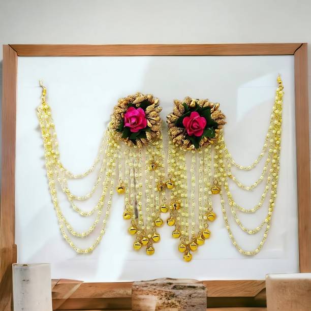 UVX fashion & tech Handcrafted Yellow Multi Layer Pearl Beads Tassel Floral Earring Beads Fabric, Metal, Mother of Pearl Tassel Earring