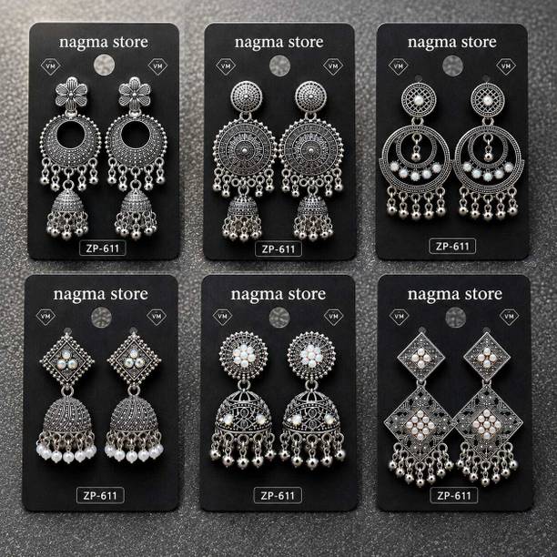 Pack Of 6 Oxidised Silver Jhumka Earrings Alloy Cuff Earring, Drops & Danglers, Earring Set, Hoop Earring, Huggie Earring, Jhumki Earring