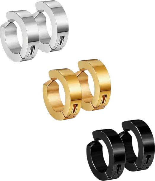 Pack of 3 Pairs Earring Combo Silver Golden Black Non Piercing Bali For Men Boys Stainless Steel Clip-on Earring, Huggie Earring, Stud Earring, Earring Set
