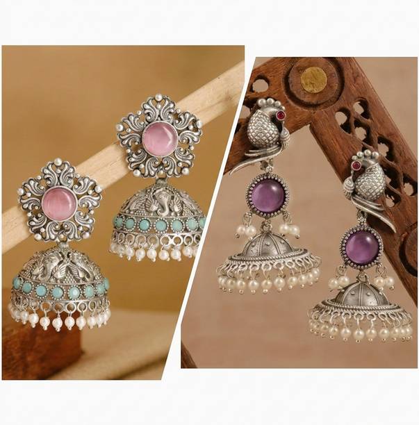 traditional oxidised silver jhumka earrings with stone work and pearl drops Pearl, Beads, Cubic Zirconia, Diamond, Zircon Alloy Jhumki Earring