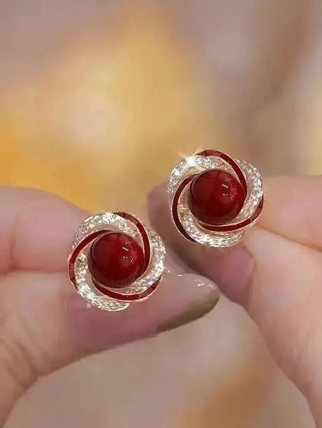 Royal Crimson Twist Maroon Stone Trending Korean Stud Earring For Girl & Women Pearl Metal Stud Earring