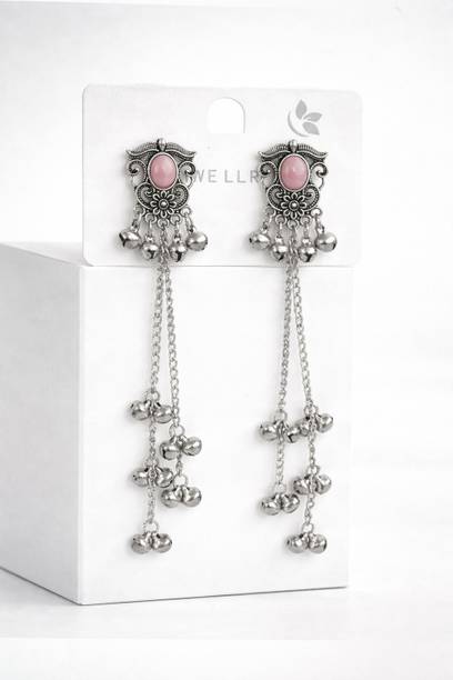 Long Dangler Earrings with Ghungroo Drops & Stone Design Brass Drops & Danglers, Jhumki Earring