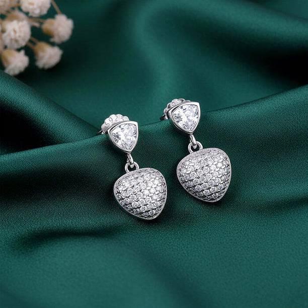 Silver Falling Heart Earrings Zircon Sterling Silver Drops & Danglers