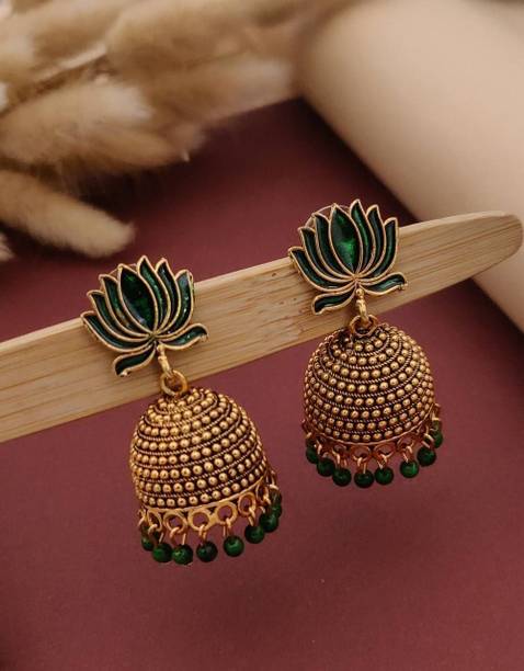 Lotus Design Gold Plated Green Beads Jhumka Earrings for Women Ruby Alloy Stud Earring