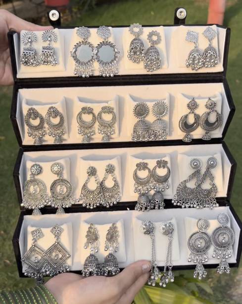 16 Pair Oxidized Jhumka Box for Her | Jhumki Earrings Collection with Foldable Alloy Jhumki Earring, Drops & Danglers, Earring Set