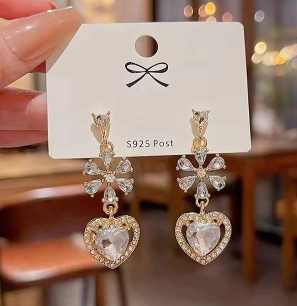 AKISON JEWELS Heart Flower Earrings For Women Floral Earrings Korean Earrings Party Wear Crystal, Diamond, Cubic Zirconia Alloy Earring Set, Drops & Danglers, Tassel Earring