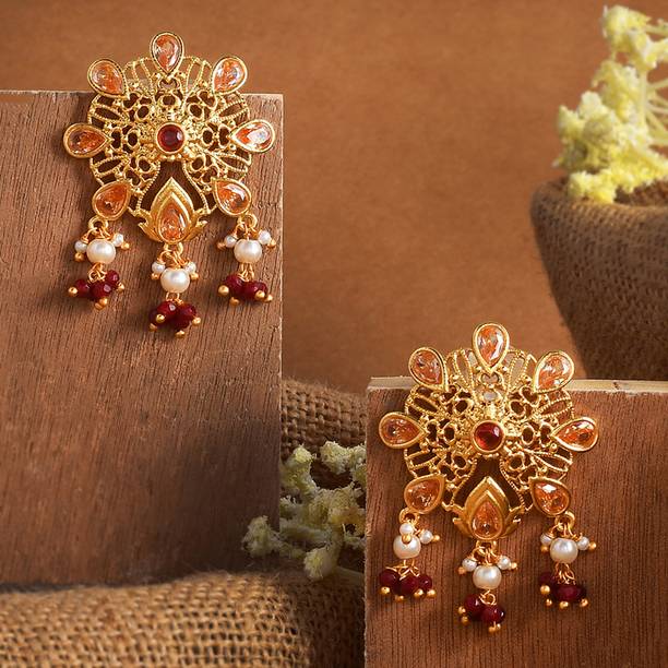 Abharan Pink and Red Stones Floral Stud Earrings Brass Drops & Danglers
