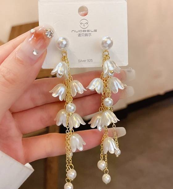 BLINGEE Long Flower Pearl Tassel Korean Earrings For Women Girls Trendy Fashion Earring Pearl Alloy Earring Set, Drops & Danglers, Tassel Earring