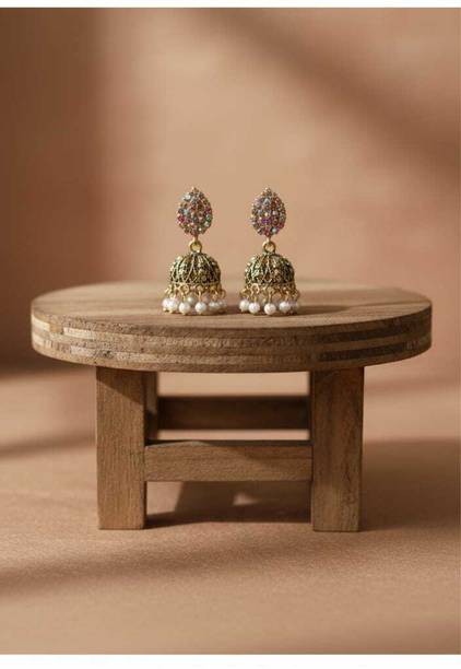 tania Ethnic Jhumkas with Pearls and Stones Stone Hoop Earring