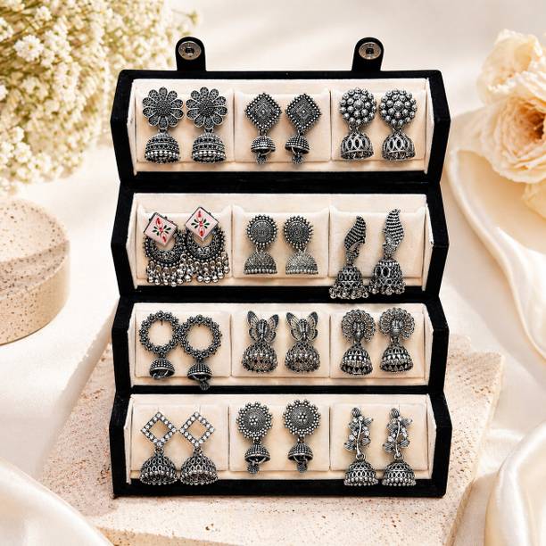 Trending 12 Pairs Traditional Oxidized & Gold-Plated Jhumka Earrings Alloy Chandbali Earring, Earring Set, Jhumki Earring