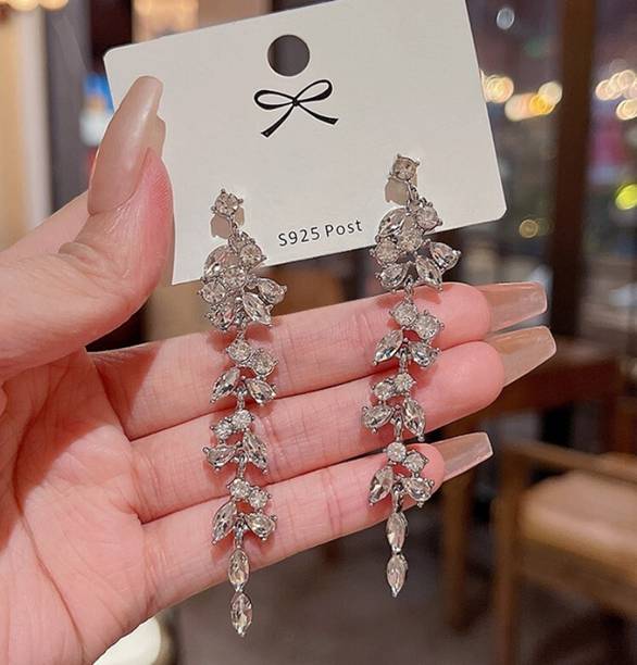 BLINGEE Flower Leaves Long Earrings Floral Korean Earrings For Women Western Earring Crystal, Cubic Zirconia, Diamond Alloy Earring Set, Tassel Earring, Drops & Danglers, Jhumki Earring