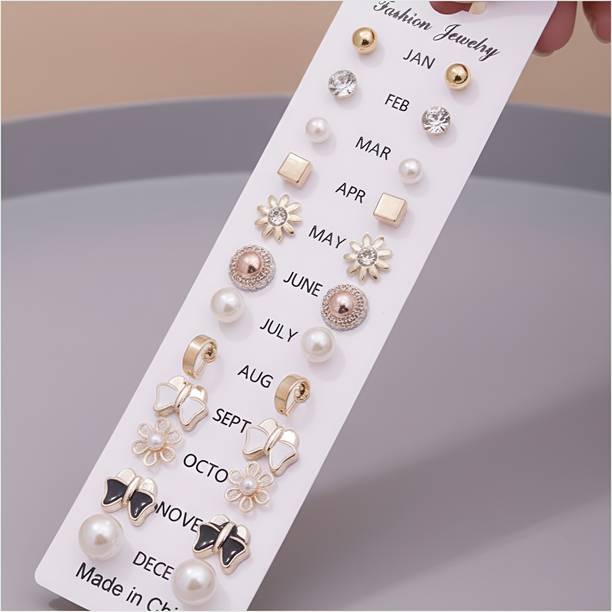 Beautiful 12 pair combo set , Black, Pearl, Stone, Silver Stud & Hoop Earring Alloy Stud Earring