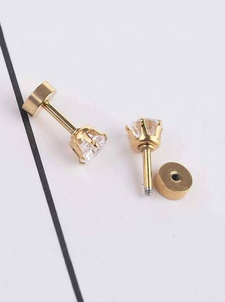 Gold Small Round Crystal Cute Plain Simple for Mens Stainless Steel Zircon Metal Stud Earring