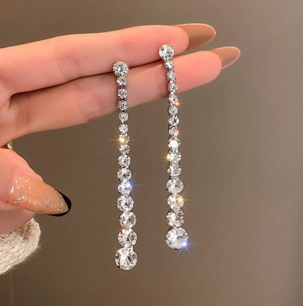 AKISON JEWELS Long Crystal Dimond Tassel Korean Earrings For Women Trendy Western Fashion Crystal, Diamond, Cubic Zirconia Alloy Earring Set, Drops & Danglers, Tassel Earring