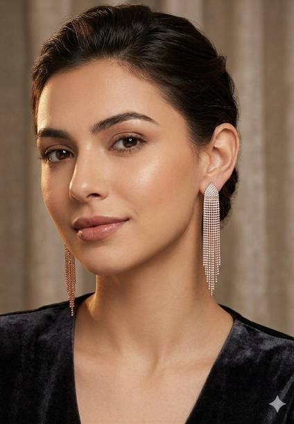 Aurora Sparkling Rose Gold AD Tassel Earrings36 Alexandrite, Zircon, Swarovski Zirconia Metal, Stone, Porcelain, Bronze, Alloy Hoop Earring, Plug Earring, Huggie Earring, Rhinestone Studs
