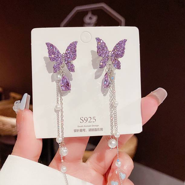 Aylana Purple Bedazzled Butterfly Korean Danglers Cubic Zirconia, Pearl Metal Tassel Earring, Drops & Danglers