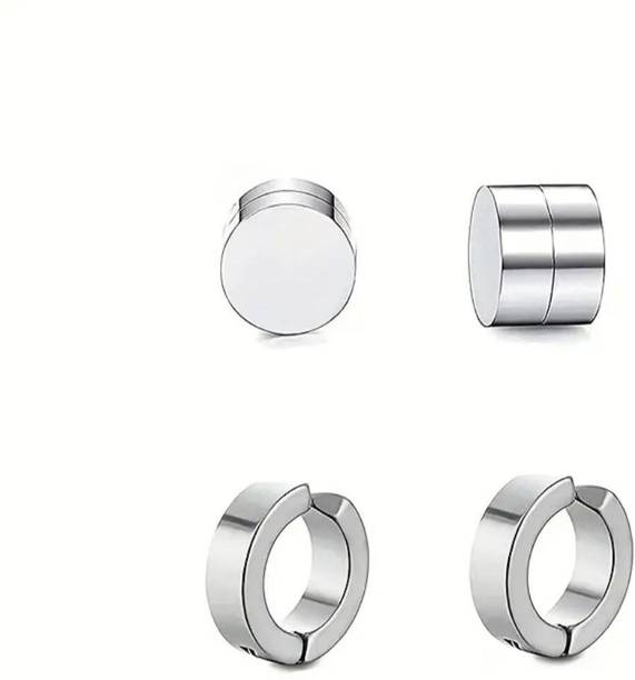 Pack of 2 Pairs Combo Silver Non Piercing Dumbbell And Clip on Earrings Men Boys Stainless Steel Clip-on Earring, Huggie Earring, Magnetic Earring, Stud Earring, Earring Set
