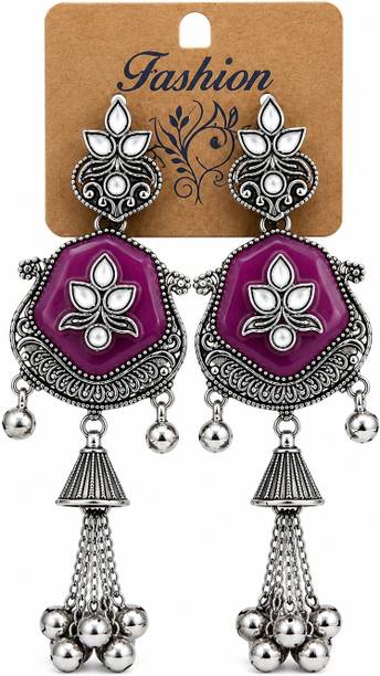 Women's Oxidised Silver Purple Stone Dangler Earrings Metal, Brass Jhumki Earring, Drops & Danglers