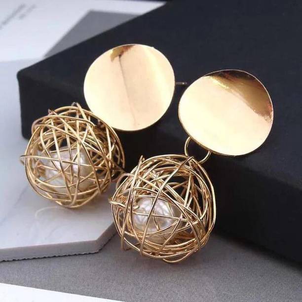 YU Fashions Yu Fashions web Net Pearl Cute Golden Korean earrings Pair Pearl, Crystal, Cubic Zirconia, Diamond Alloy Tassel Earring