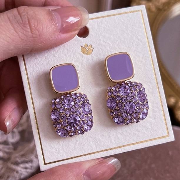 Lavender Square Crystal Korean Design Drop Earrings Set For Girls and Women Pearl Alloy Stud Earring