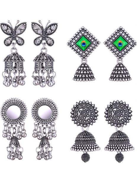 MEENAZ silver earrings jhumki combo oxidised earrings jhumka south indian temple party Beads, Pearl, Cubic Zirconia, Diamond Brass, Enamel, Copper, Zinc, Stone, Silver Drops & Danglers, Chandbali Earring, Earring Set, Jhumki Earring
