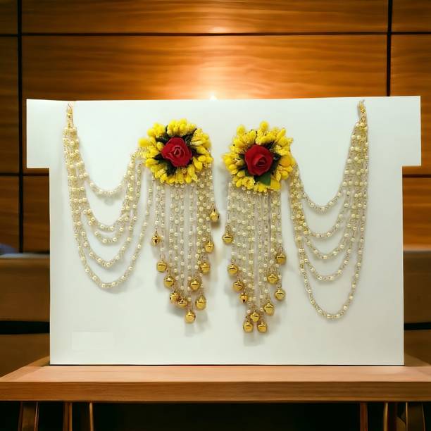 UVX fashion & tech Handcrafted Yellow Multi Layer Pearl Beads Tassel Floral Earring Beads Fabric, Metal, Mother of Pearl Tassel Earring