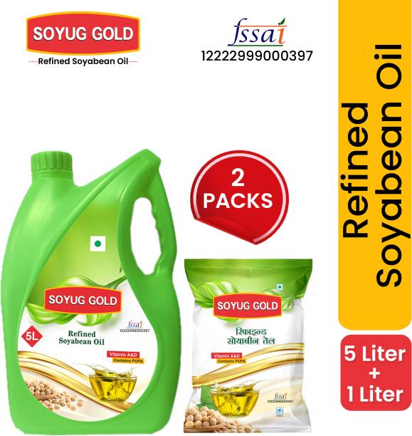 SOYUG PRIVATE LIMITED Gold-Refined Soybean Oil,5 Litre Jar + 1 Litre Pouch Soyabean Oil Jar