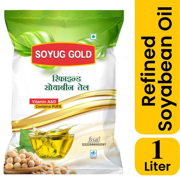 SOYUG PRIVATE LIMITED Soyug Gold-Refined Soybean Oil for Frying &amp; Cooking, 1 Litre Pouch Soyabean Oil Pouch