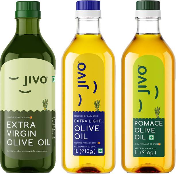 JIVO Extra Light 1L+Pomace 1L+Extra Virgin 1L(PACK OF 3L) Olive Oil Plastic Bottle