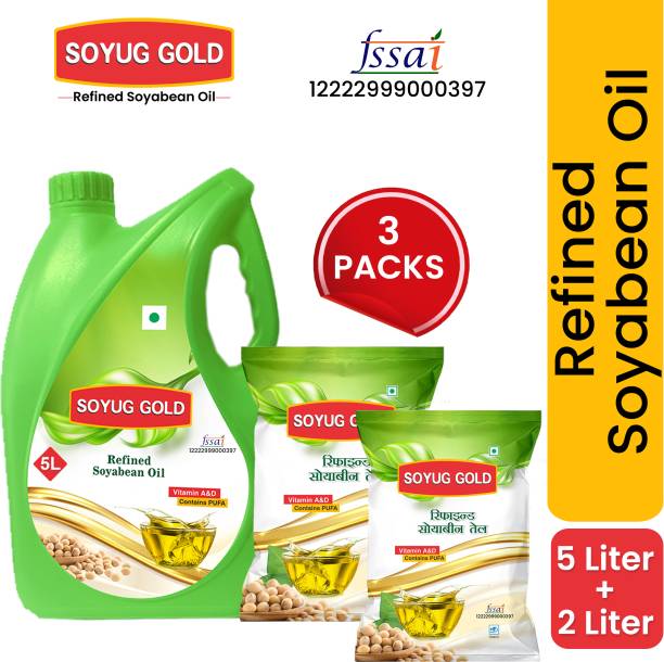 SOYUG PRIVATE LIMITED Soyug Gold- Pure Refined Soyabean Oil(5 Ltr Jar+Free 2 Pouch) 7 Ltr Combo Offer Soyabean Oil Jar