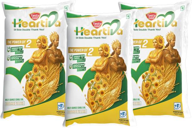TastyGold Heartiva Multi source Edible Oil (3 x 1L ) Refined Ricebran & Sunflower oil Blended Oil Pouch