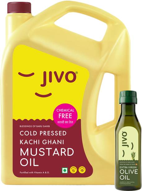 JIVO Premium Cold Pressed Kachi Ghani Mustard Oil, 5 Litre with Extra Virgin 200ML Mustard Oil