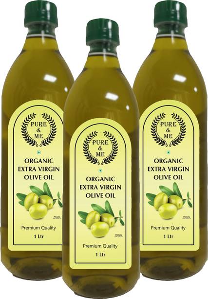 pure & me Organic Extra Virgin Olive Oil (( Imported Oil from Spain )) - 1 LTR Pack of 3 Olive Oil Plastic Bottle