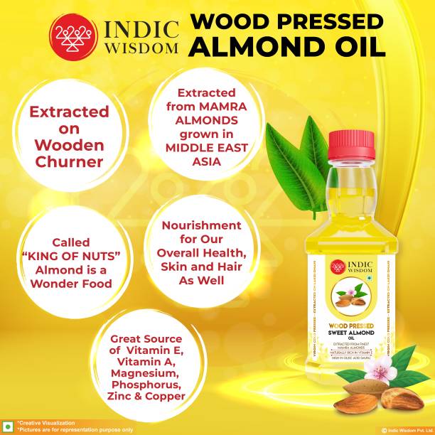 IndicWisdom Wood Pressed Sweet Almond Oil (Cold Pressed - Extracted on Wooden Churner) Almond Oil Plastic Bottle
