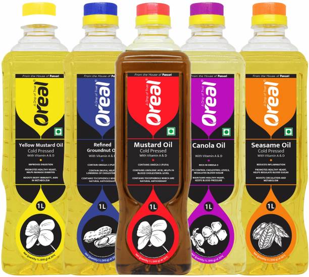 Oreal Combo Pack of Canola Oil, Mustard Oil , Ground Nut Oil ,Yellow Mustard Oil, Sesame Oil l ( 1 Liter Each Pack of 5) Canola Oil Plastic Bottle