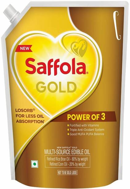 Saffola Gold Refined Cooking oil, Power of 3, Multi-Source Edible Rice Bran & Corn Oil Blended Oil Pouch