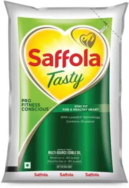 Saffola Tasty Refined Cooking Oil Rice bran &amp; Corn Oil Blended Oil Pouch 1 L Blended Oil Pouch