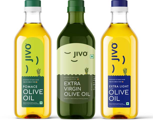 JIVO Extra Light 1L+Pomace 1L+Extra Virgin 1L(PACK OF 3L) Olive Oil Plastic Bottle