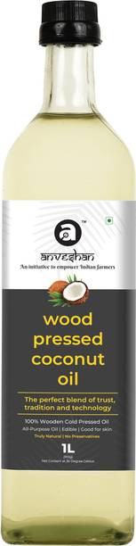 Anveshan Wood Pressed Coconut Oil (Kacchi Ghani/ Kolhu/ Chekku) 1L Glass Bottle Coconut Oil Glass Bottle