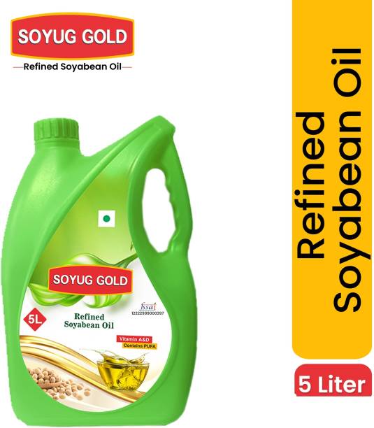 SOYUG PRIVATE LIMITED Soyug Gold-Refined Soybean Oil Frying &amp; Cooking, 5 Litre Jar + Free Carry Bag Soyabean Oil Jar