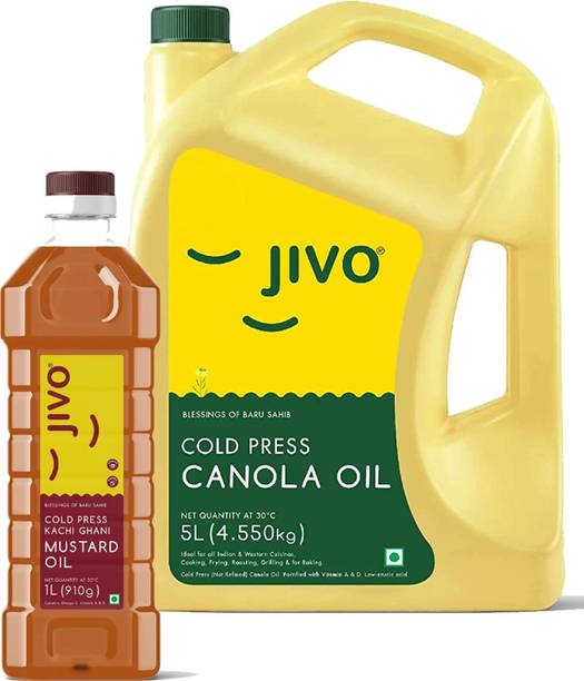 JIVO Cold Pressed Canola oil 5 Litre With Kachi Ghani Mustard Oil 1L (Pack of 6L) Canola Oil Can