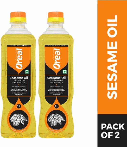 Oreal 100% Pure Sesame Oil with High in Antioxidents, Rich in Vitamin A, B and E For ,Preservative Free Edible Til Oil- Pack of 2 ( 1Liter Each) Sesame Oil Plastic Bottle